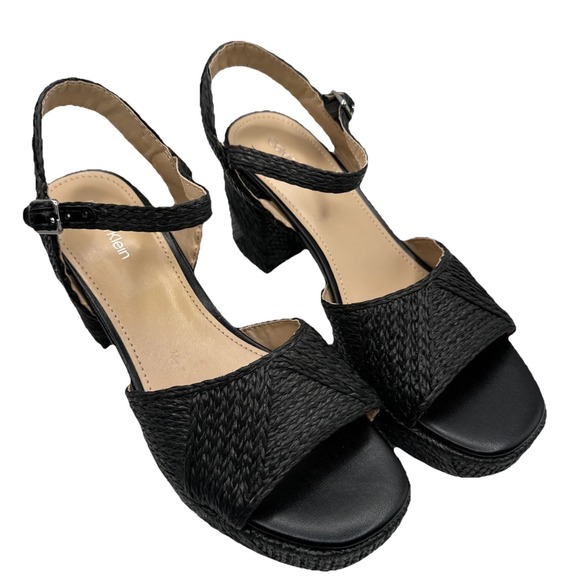 NEW Calvin Klein Lessia Ankle Strap Block Platform Heel Raffia Woven Sz 7 1/2 - Picture 2 of 10